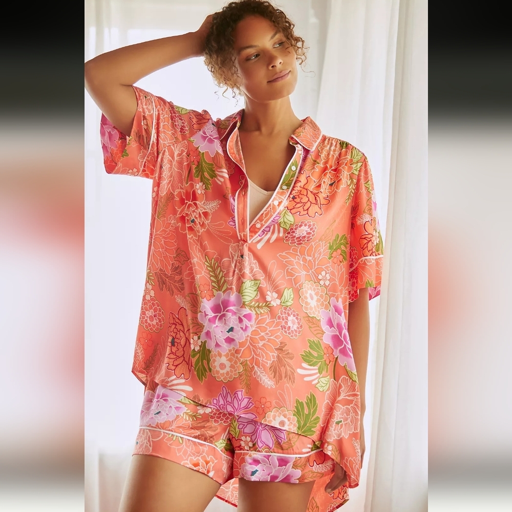 Anthropologie Floral Flowy Pajama Set Long Shirt and Shorts XXS NWOT 🌺🌺